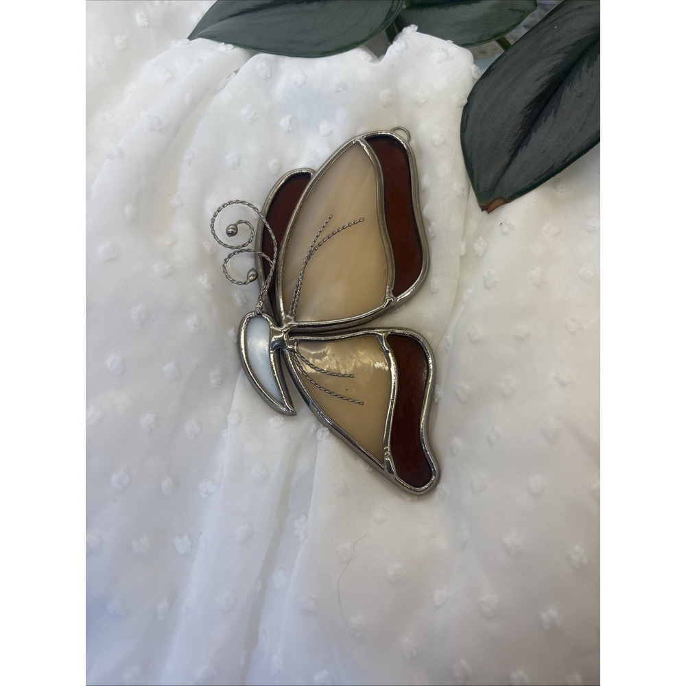 Vintage 90s Stained Glass Butterfly Sun Catcher Orange White Cottagecore
